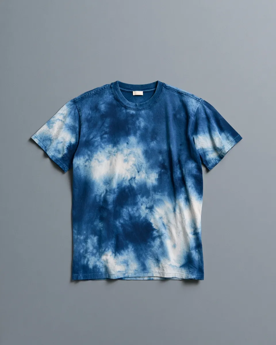 藍染めTシャツの正面。白く抜けた斑が広がる