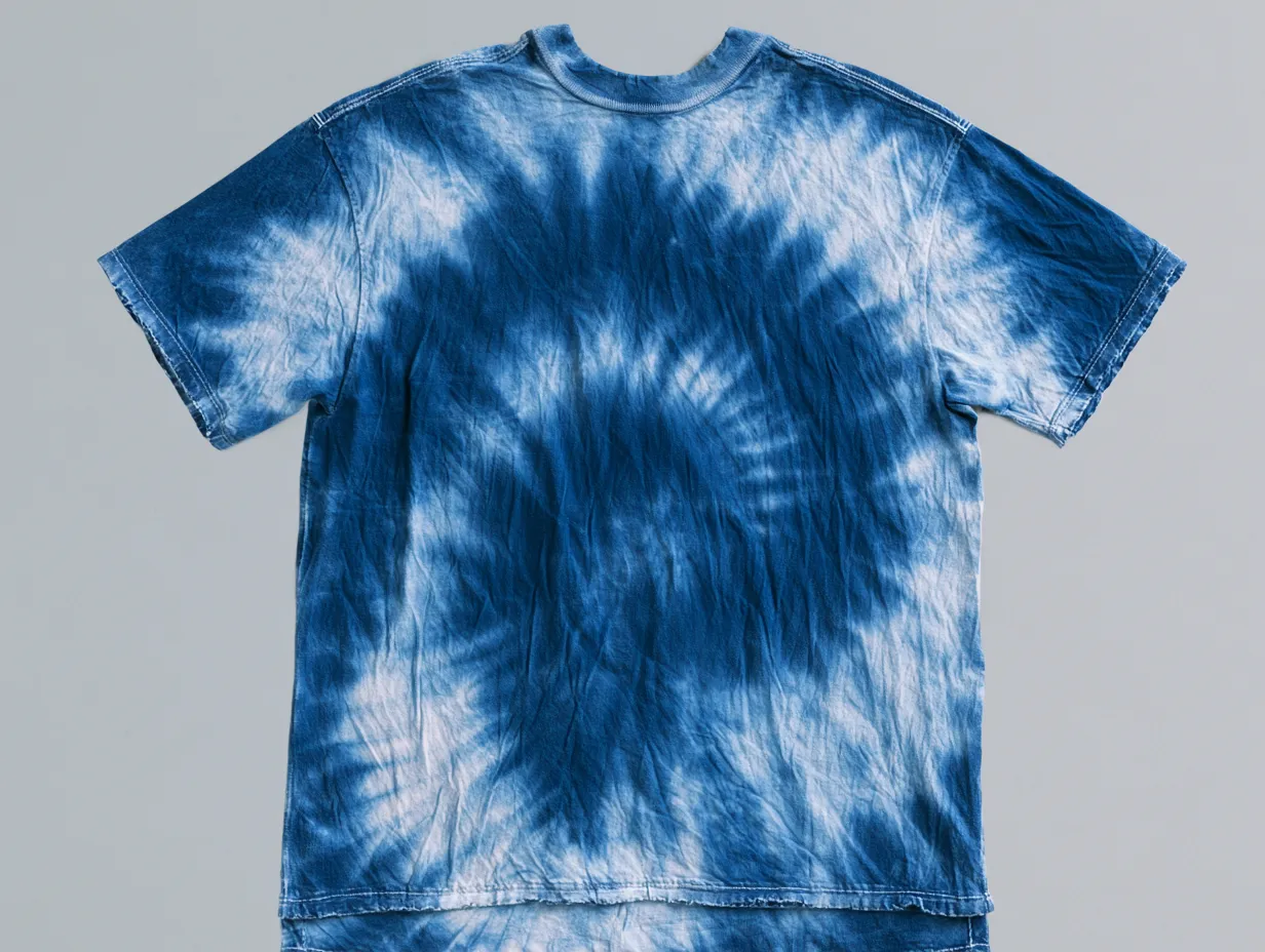 三年着た藍染めTシャツ。折り目から色が抜けて浅縹に