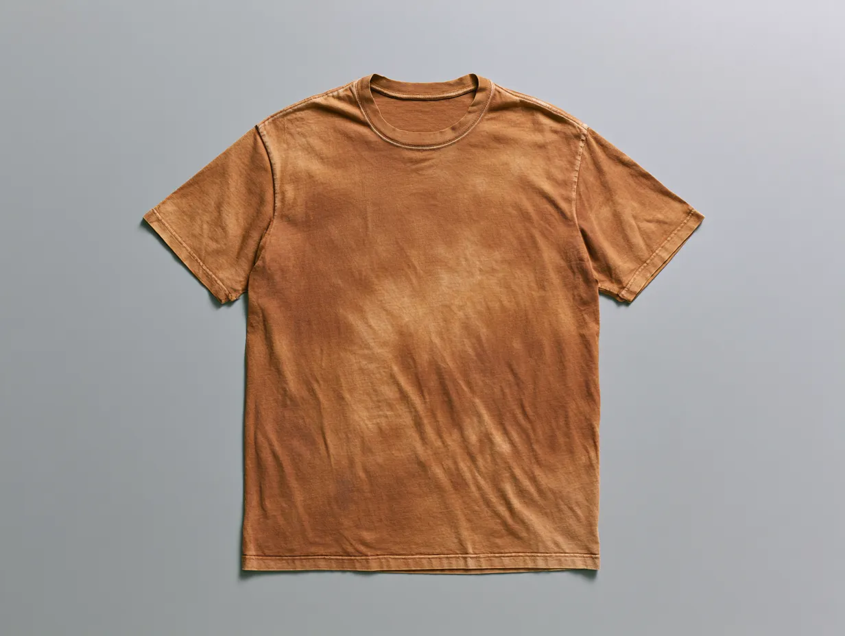 十年経った柿渋染めTシャツ。渋茶色に深まった状態