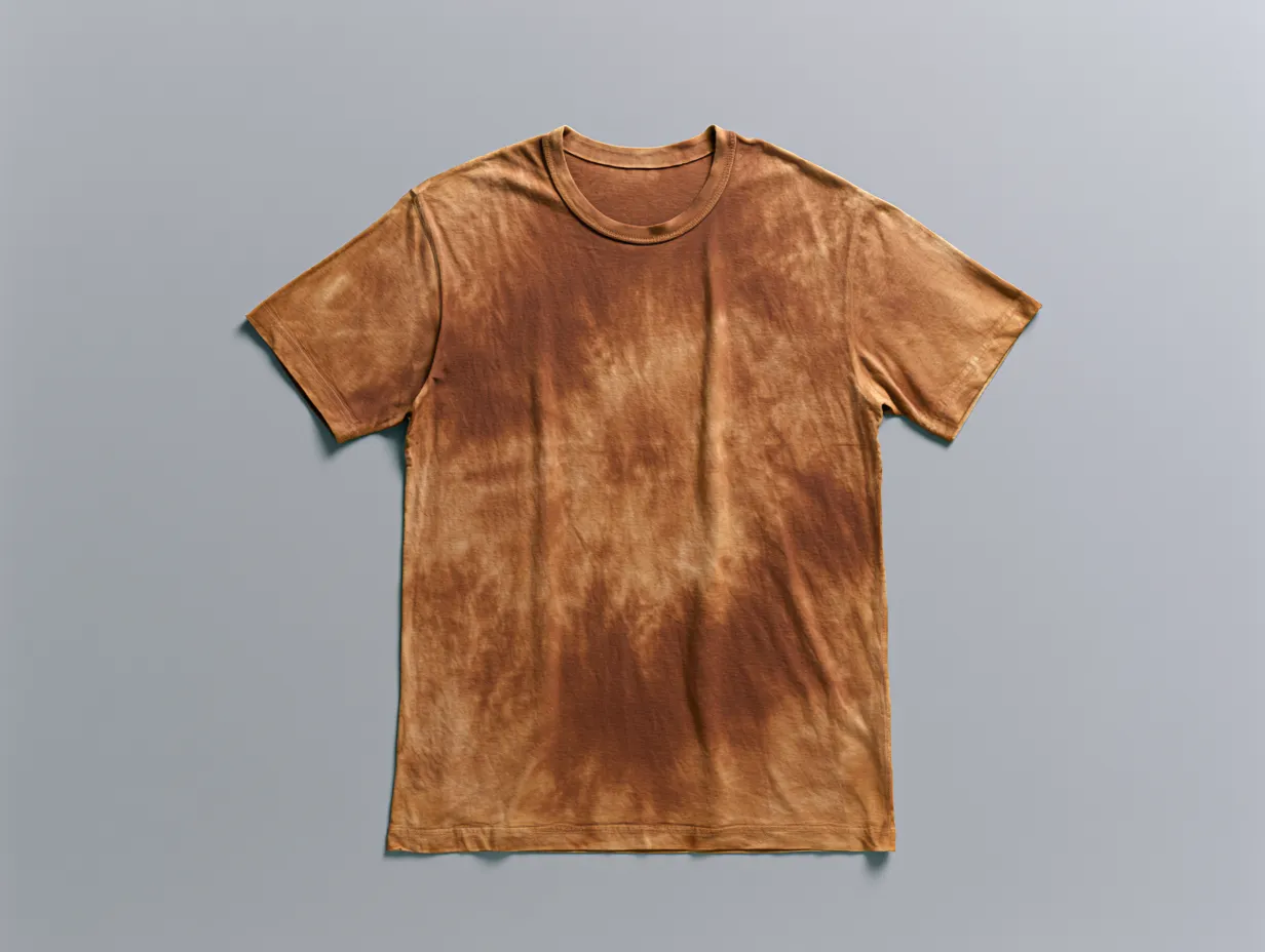 三年経った柿渋染めTシャツ。弁柄色まで濃くなっている