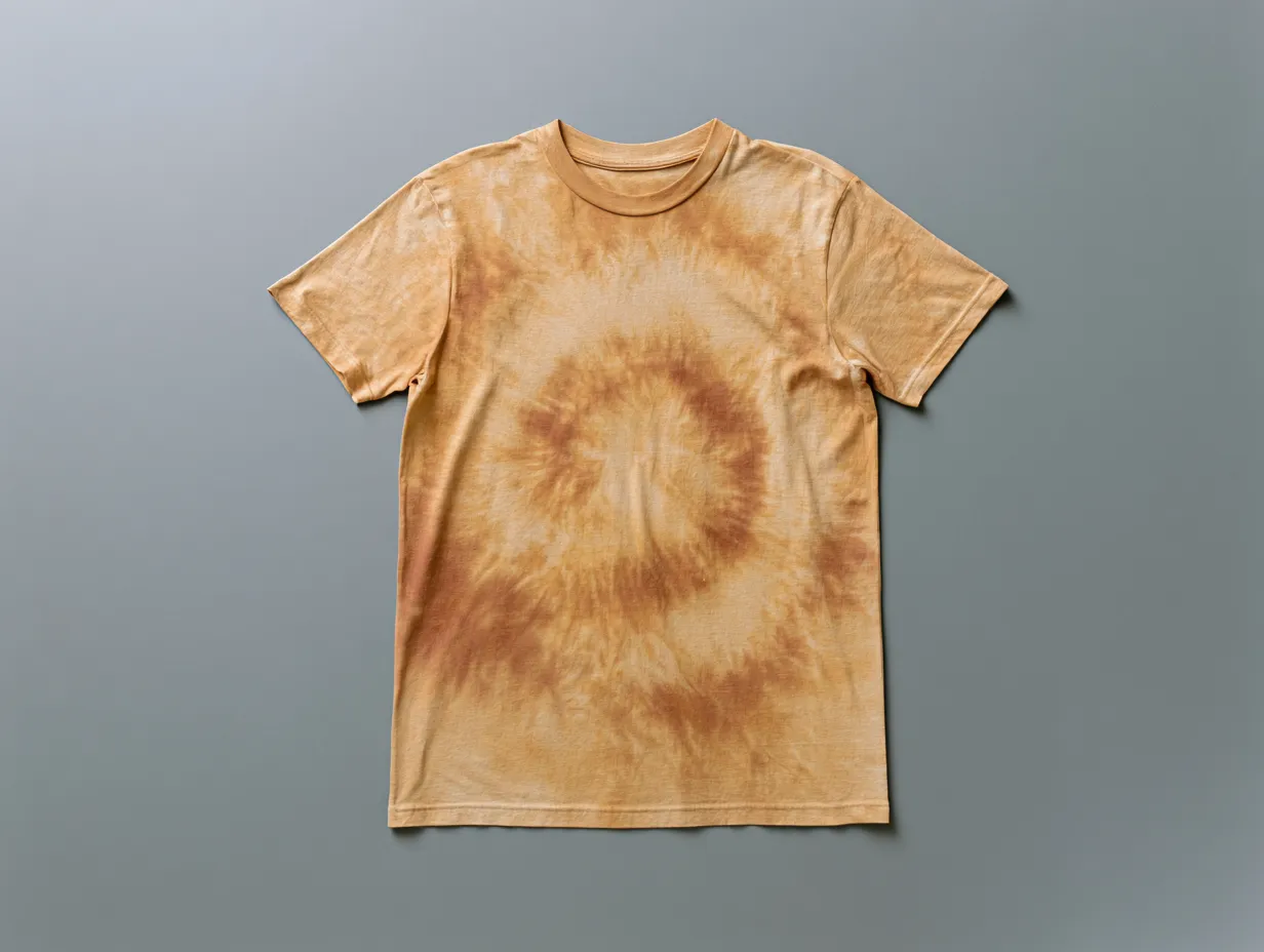 半年経った柿渋染めTシャツ。日に当たった面から茶が差している