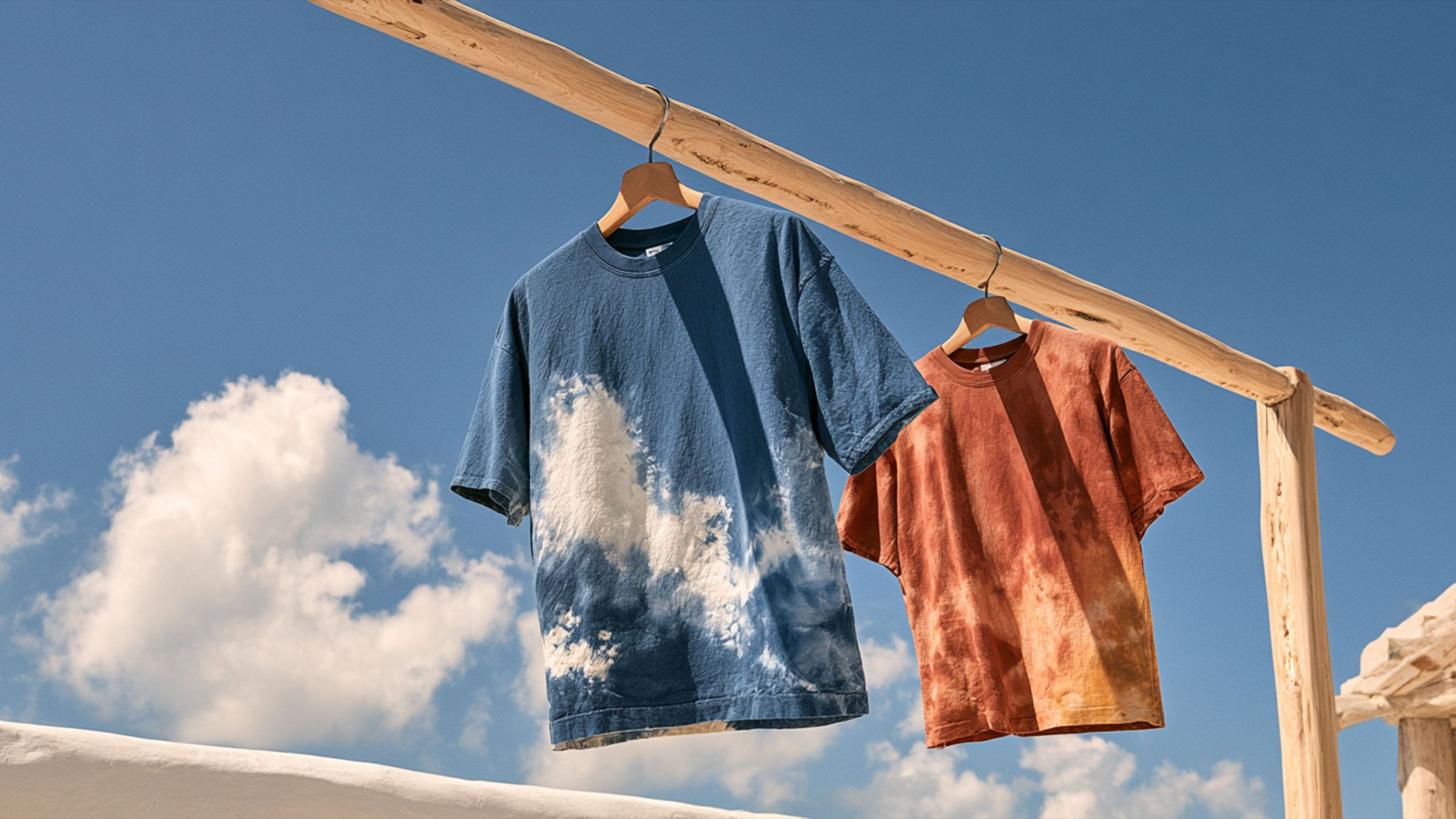 藍染めと柿渋染めのTシャツが物干し竿から下がり、青空を背景にしている